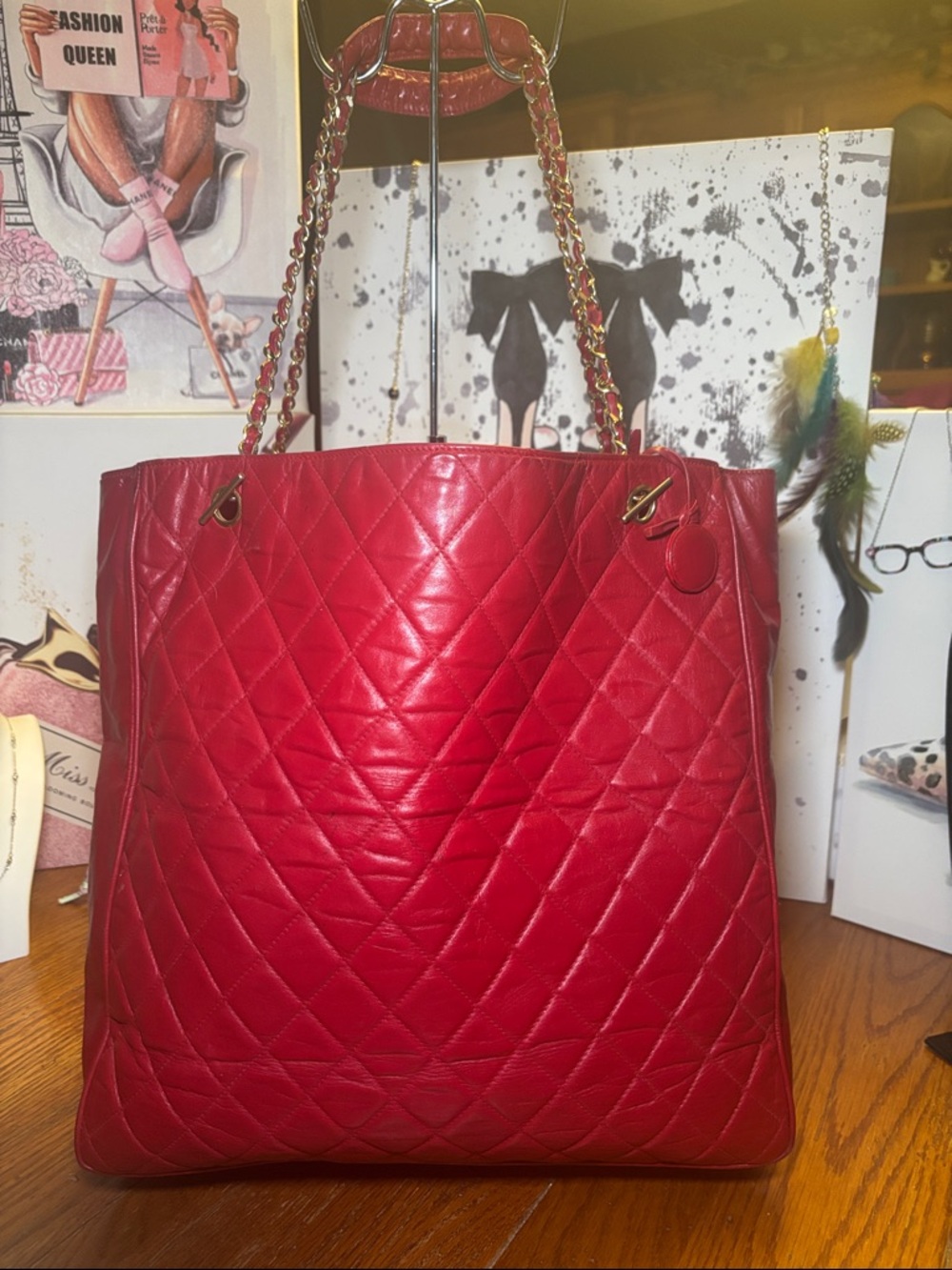 CHANEL Vintage Red Quilted Lambskin Toggle Chain Tote COA